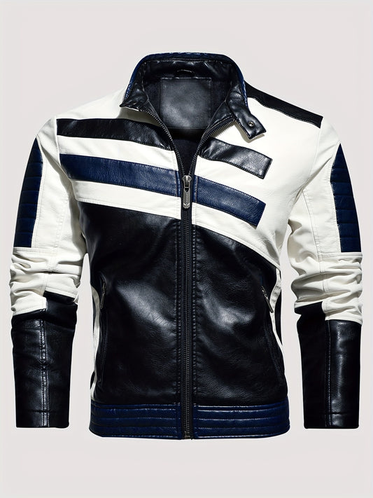 Men'S Vintage Striped Cycling Jacket - Casual Stand Collar Zip Up Fleece Top, Polyurethane & Polyester Blend, Long Sleeve, Non-Stretch Fabric, Color Block Design - For Outdoor Hiking & Daily Wear in Fall/Winter - Perfect Gift