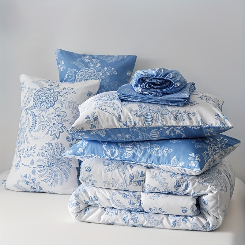 7pcs Blue Flower Plant Design Two-sidedlarge Sizeextra Large Quilt Set (1 Quilt +1 Bed Cap +1 Bed Sheet +4 Pillowcase Without Pillow Core), Contains Padding 180gsm Quilting Soft Ventilate The Four Seasons Apply Bedroom Dormit