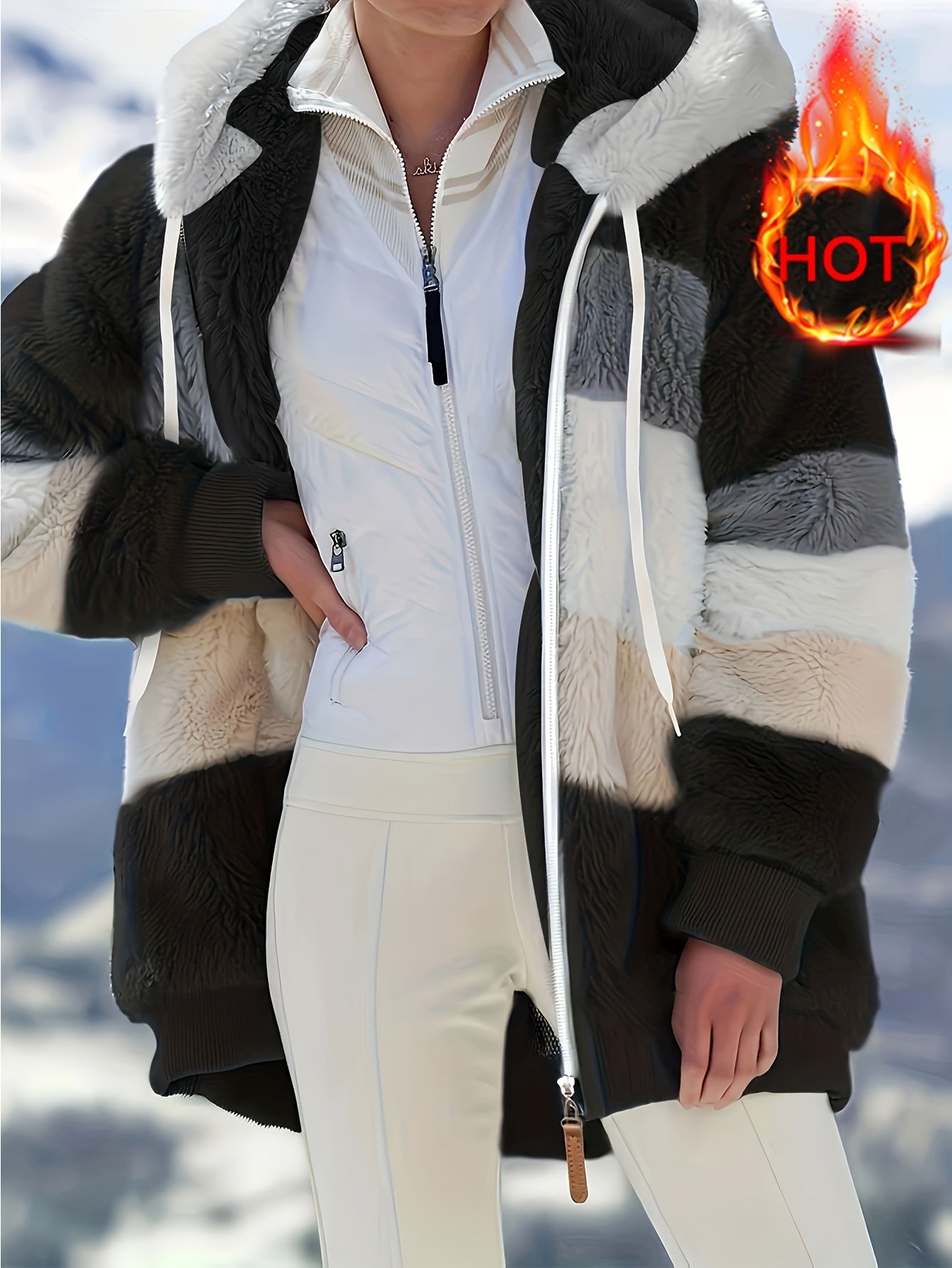 Women's Cozy Fur-Trimmed Hooded Jacket - Multicolor Striped, Loose Fit, Long Sleeve, Fall/Winter Fashion Outerwear with Pockets, Cozy Travel Jacket | Vacation Style Jacket | Plush Polyester