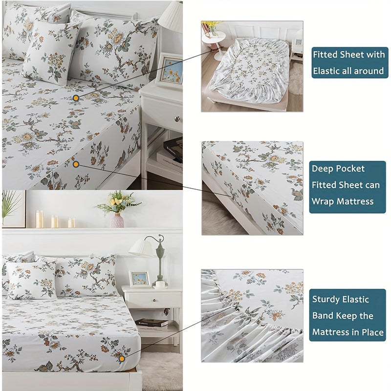 4Pcs Sheets Set Elegant Floral Bedding Shabby Beige Bird Print Flower Bed Sheet Set Vintage Farmhouse Bedding 100% Cotton Ultra Soft Girls Bedding with Deep Pocket Fitted Sheet