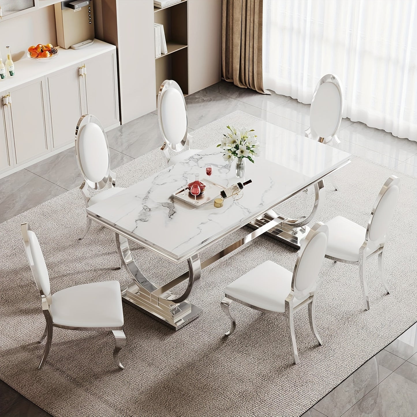7-piece Luxury Dining Table And Chair Set, 70-inch Faux Marble Table With 6 Leather Chairs | Modern Dining Table Set For Kitchen, Restaurant And Hotel
