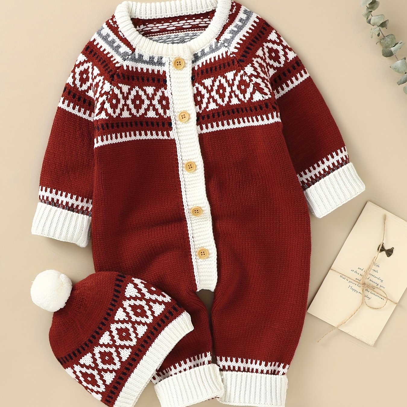 Newborn Infant Geometric Pattern Sweater Romper Long Sleeve Button Jumpsuit & Hat For Toddler Baby Boys And Girls, Suitable For Indoor And Outdoor Wear