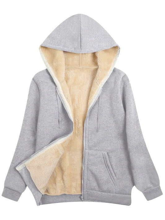 Cozy Fuzzy Hooded Jacket for Women - Zip Up, Drawstring Long Sleeve, Solid Color Outerwear - Stylish, Versatile & Warm, Perfect for All Seasons - Premium Quality Fashion Clothing