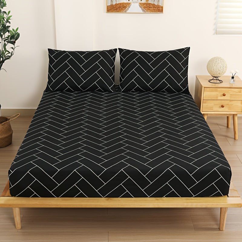 Harrods Experience Luxurious Woven Polyester Bed Sheet Set with Two Pillowcases, Machine Washable, All-Season Durable & Tear-Resistant Flat Net Printed Design - Fitted Sheet with Elastic Corners 11.81-13.39inch Deep