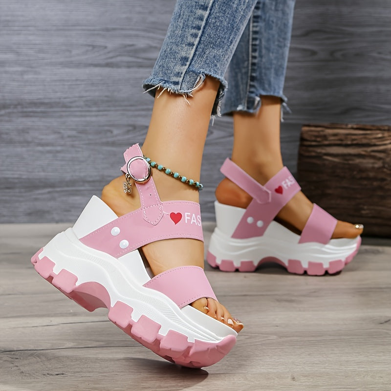 Casual Elegance Open-Toe Wedge Sandals, Solid Color with Strappy Back & Metal Buckle, Comfortable Platform Heel Fashion Footwear for Women