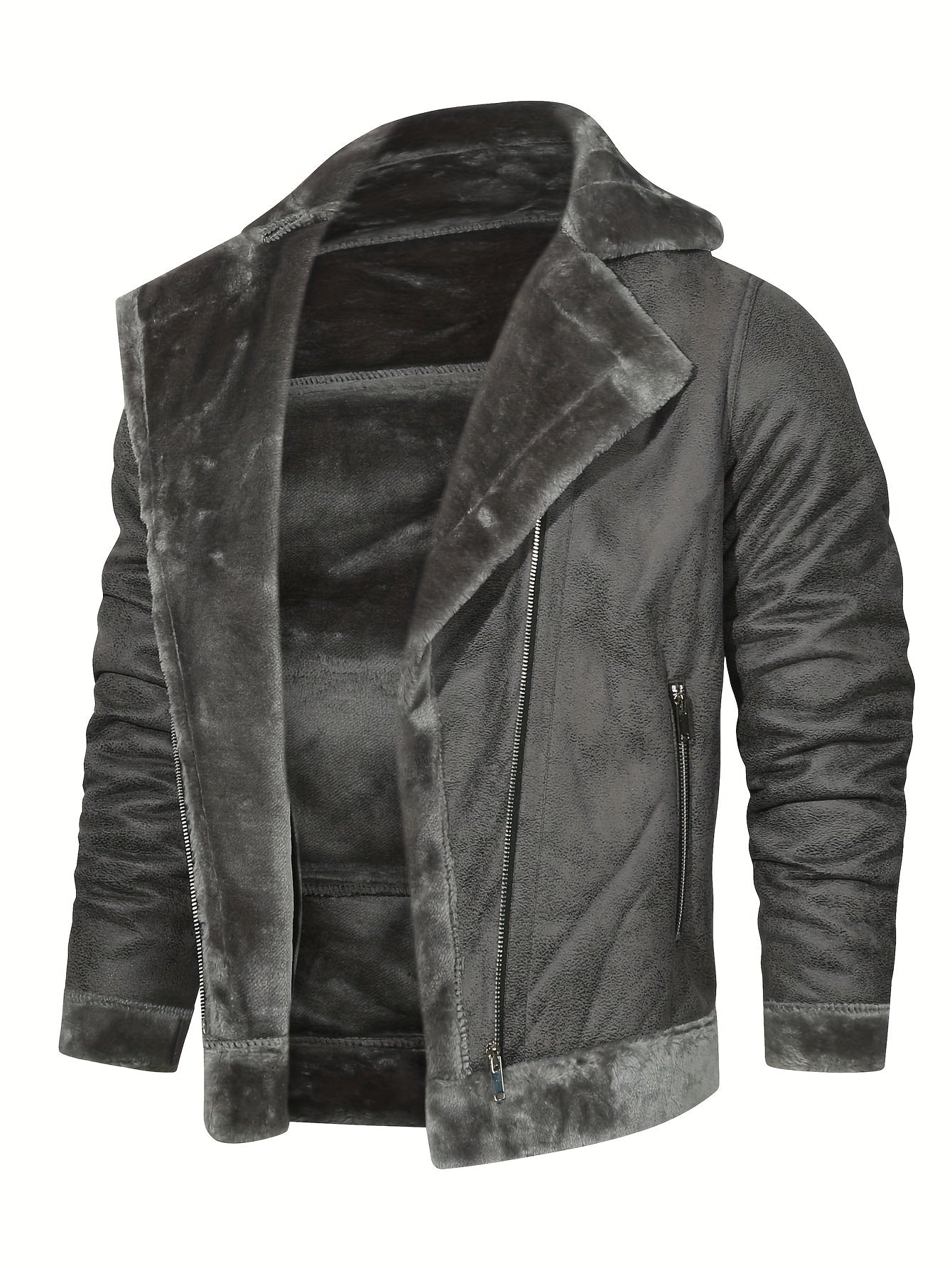 Men's Slim Fit Jacket with Faux Fur Trim - Casual Brown Zip-Up Coat, Long Sleeve, Polyester Blend for Casual Attire