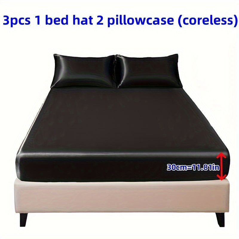3pcs 100% Polyester Satin Bed Sheet Three-Piece Set [1 Sheet 2 Pillowcase (Coreless)] Skin-friendly Soft And Silky Fabric Student Dormitory Daily Home Bedding Mattress Protector All Year Round Machine Washable No Shrinkage No