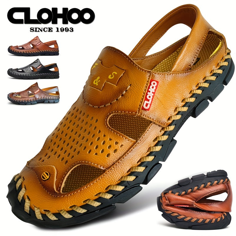 CLOHOO Mens Round Toe Sandals - Durable Handmade Stitching, Non-Slip Rubber Sole, Comfortable PU Insole, Breathable Fabric Lining, Second Layer Cowhide Upper, Slip-On Closure, Perfect for Indoor, Outdoor, Beach, Vacation, Spr