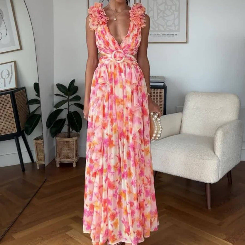 Autumn European And American Fashion Casual Home Floral Backless Dress Women