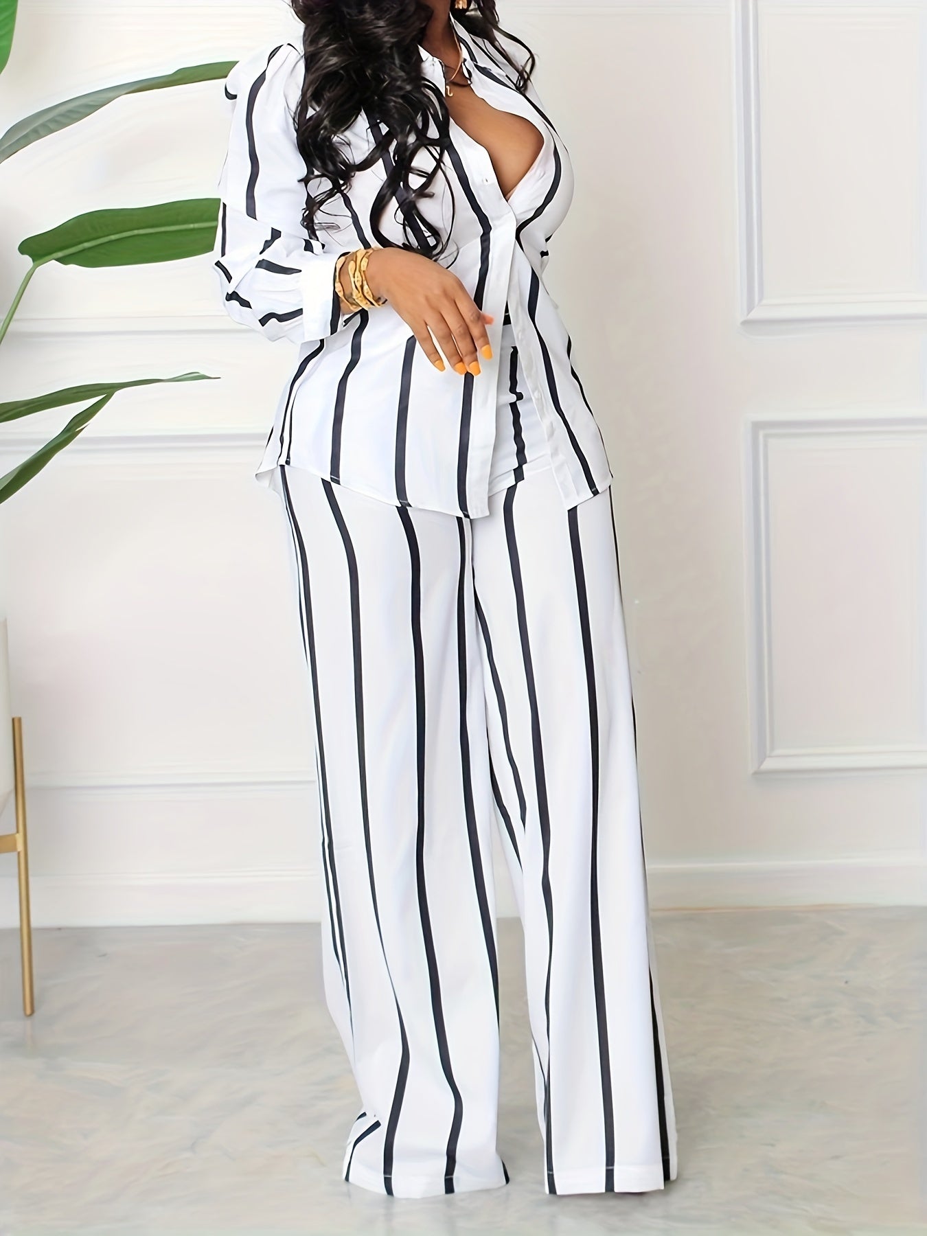 [Two-piece Set Long Sleeve Shirt] Striped Print Two-piece Set, Button Front Collar Long Sleeve Shirt & High Waist Wide Leg Loose Pants Set, Women's Clothing
