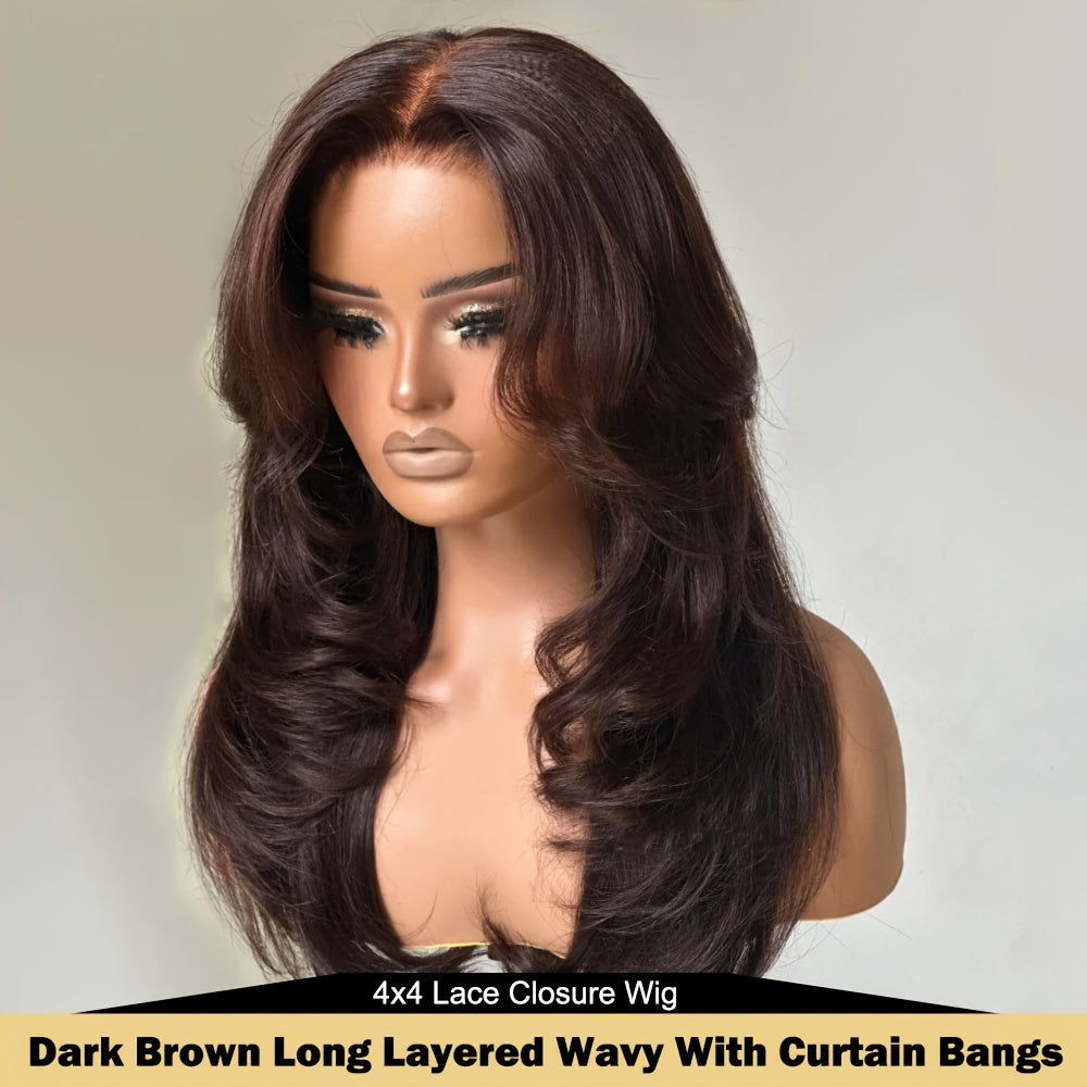 Basics Style Unisex-Adult Body Wave Lace Wig | Pre-Plucked 4x4 Transparent Swiss Lace | 180% Density Brazilian Human Hair | Long Layered Wavy Wig with Curtain Bangs | Suitable for All - 28 Inch