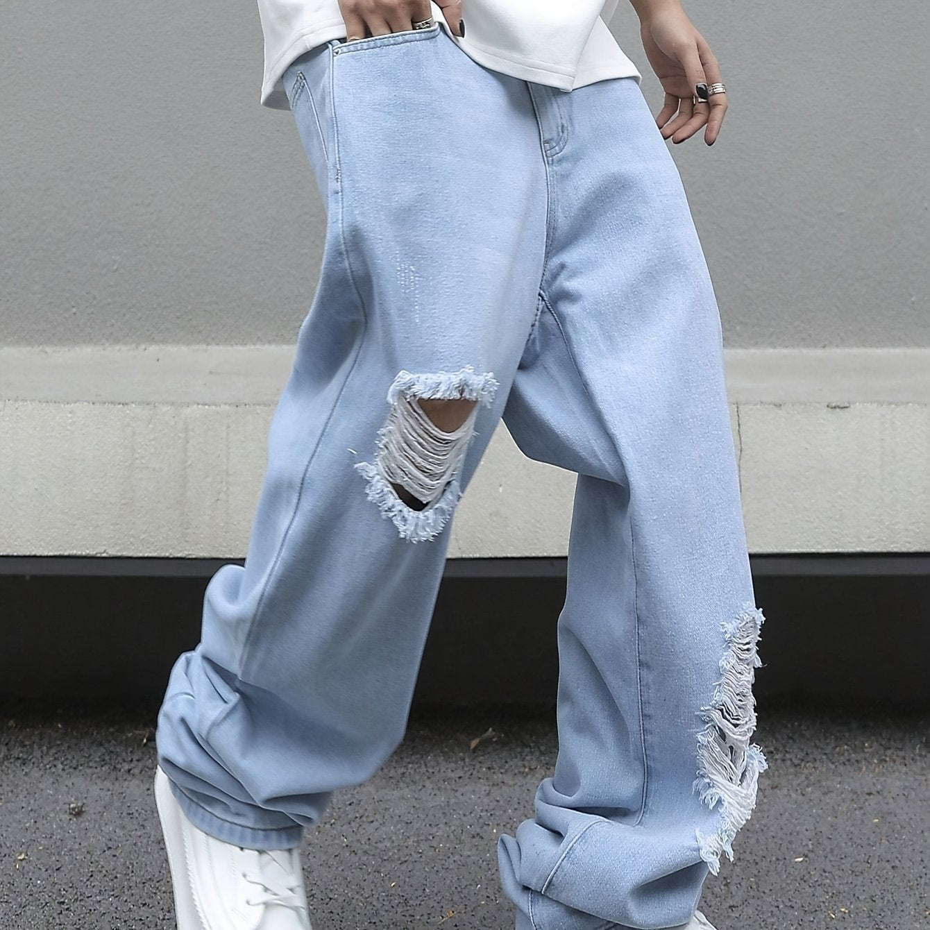 Relaxed Fit Wide Leg Ripped Jeans for Men - Stylish Comfortable Denim Pants with Street Style Fashion, Loose Fit, Comfy, Fashionable, and Trendy - Perfect for Casual Daily Wear