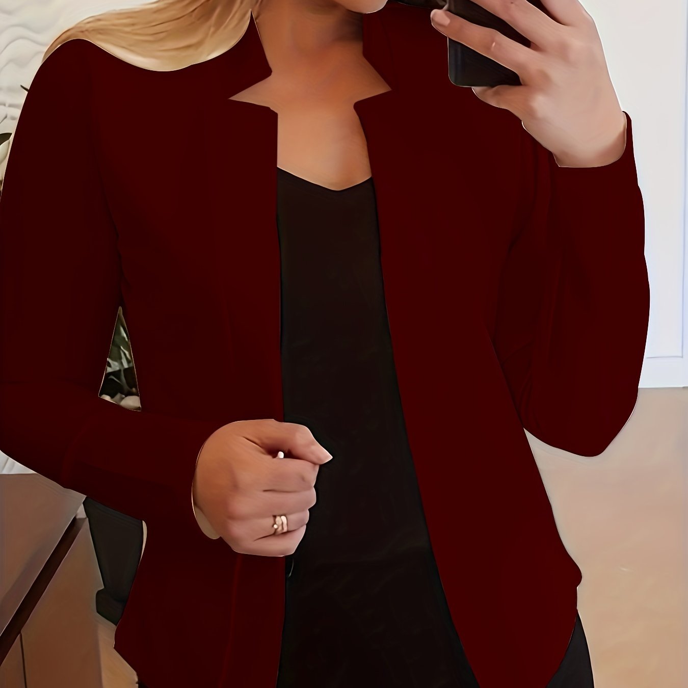 [Everyday Comfort] Women's Elegant Solid Color Polyester Blazer - 95% Polyester, 5% Spandex Knit Fabric, All-Season Stand Collar Jacket for Adults