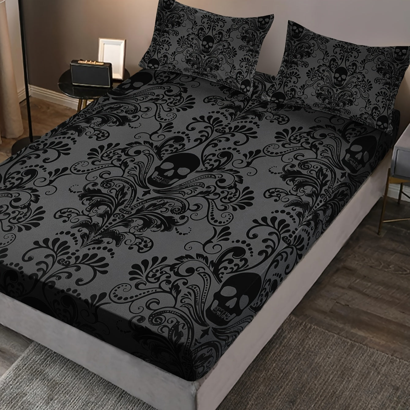 3PCS Bed Sheet Set (1 Bed Sheet + 2 Pillow Cases) - Home Dormitory High Definition Skull Black & Gray Floral Print