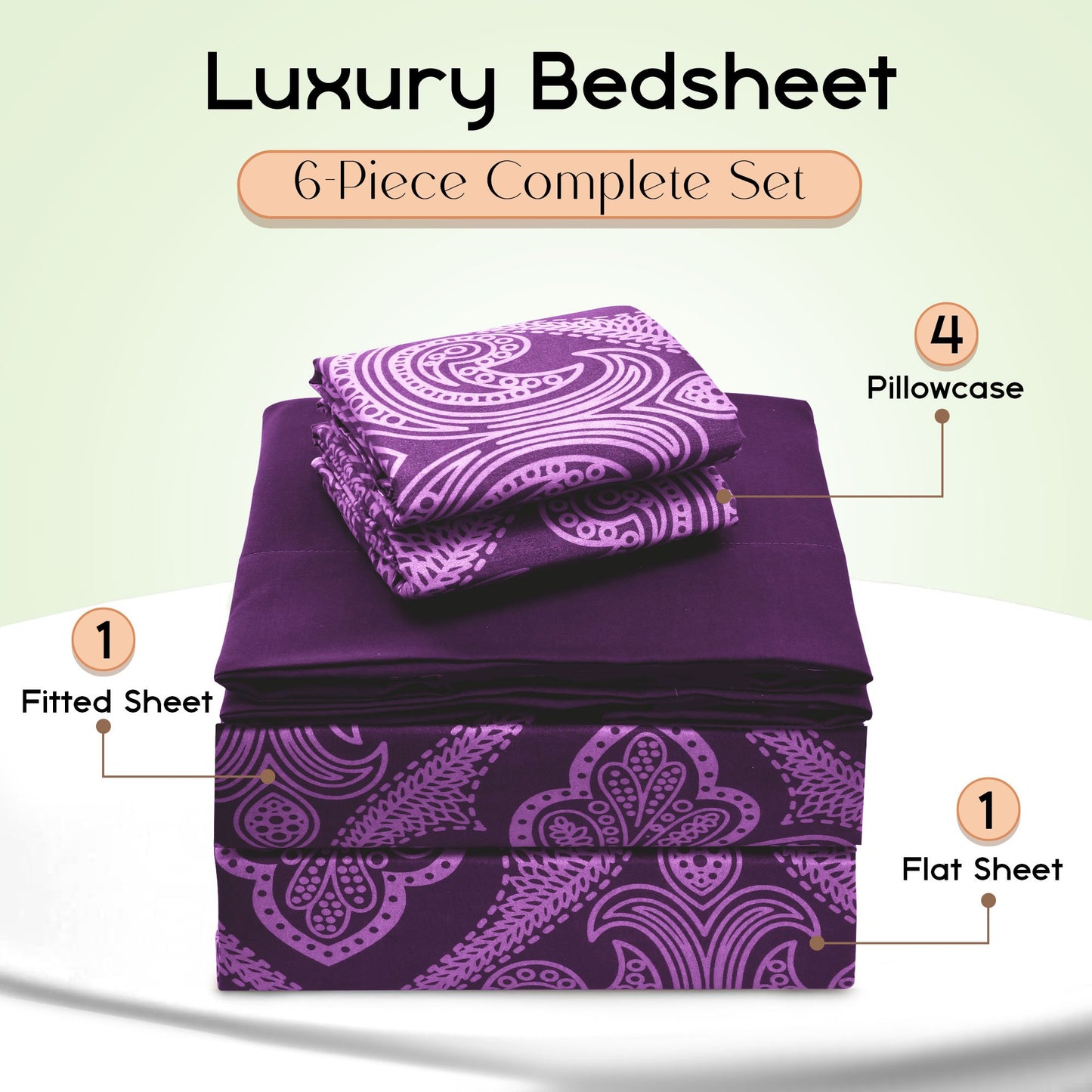 Lux Decor 6 Pieces Paisley Bed Sheet, Breathable Hotel Style Sheets, Microfiber Sheets Deep Pockets, Easy-Fit, Soft & Wrinkle Free Oeko-Tex Cooling Bed Sheets
