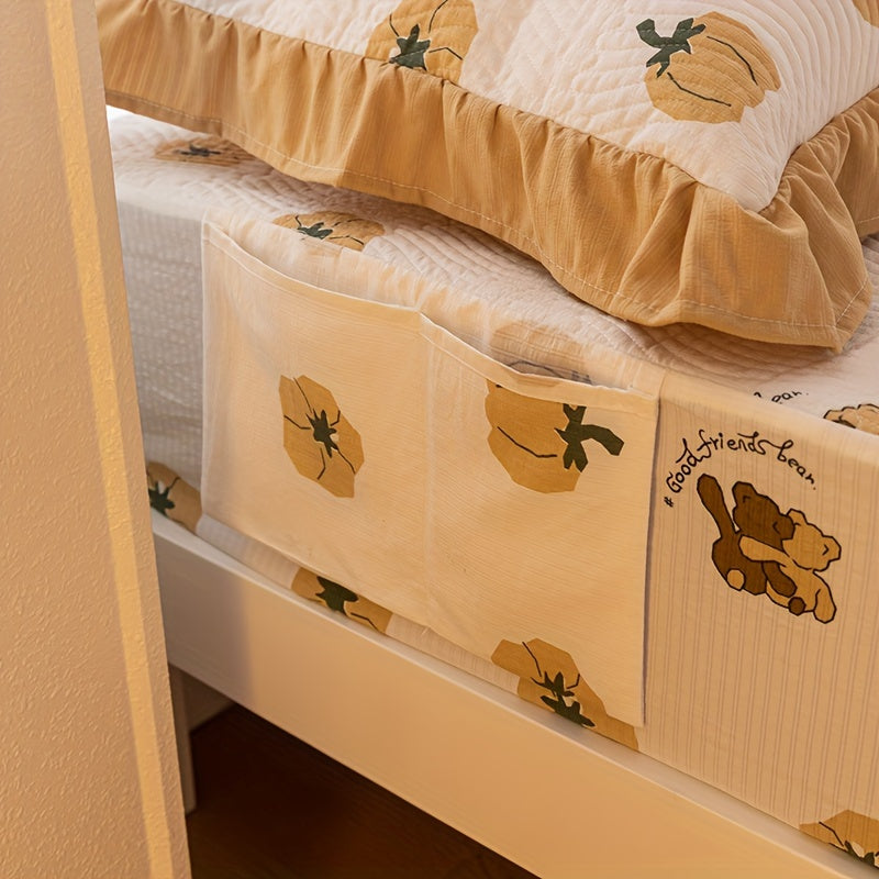 Breathable Quilted Bed Sheet Set with Ruffles - Cartoon Pumpkin Print, Polyester, Machine Washable, Includes Fitted Sheet, 4 Pillowcases with Frills & Smooth Texture, All-Season Comfort - Fits Mattress up to 12 Inches