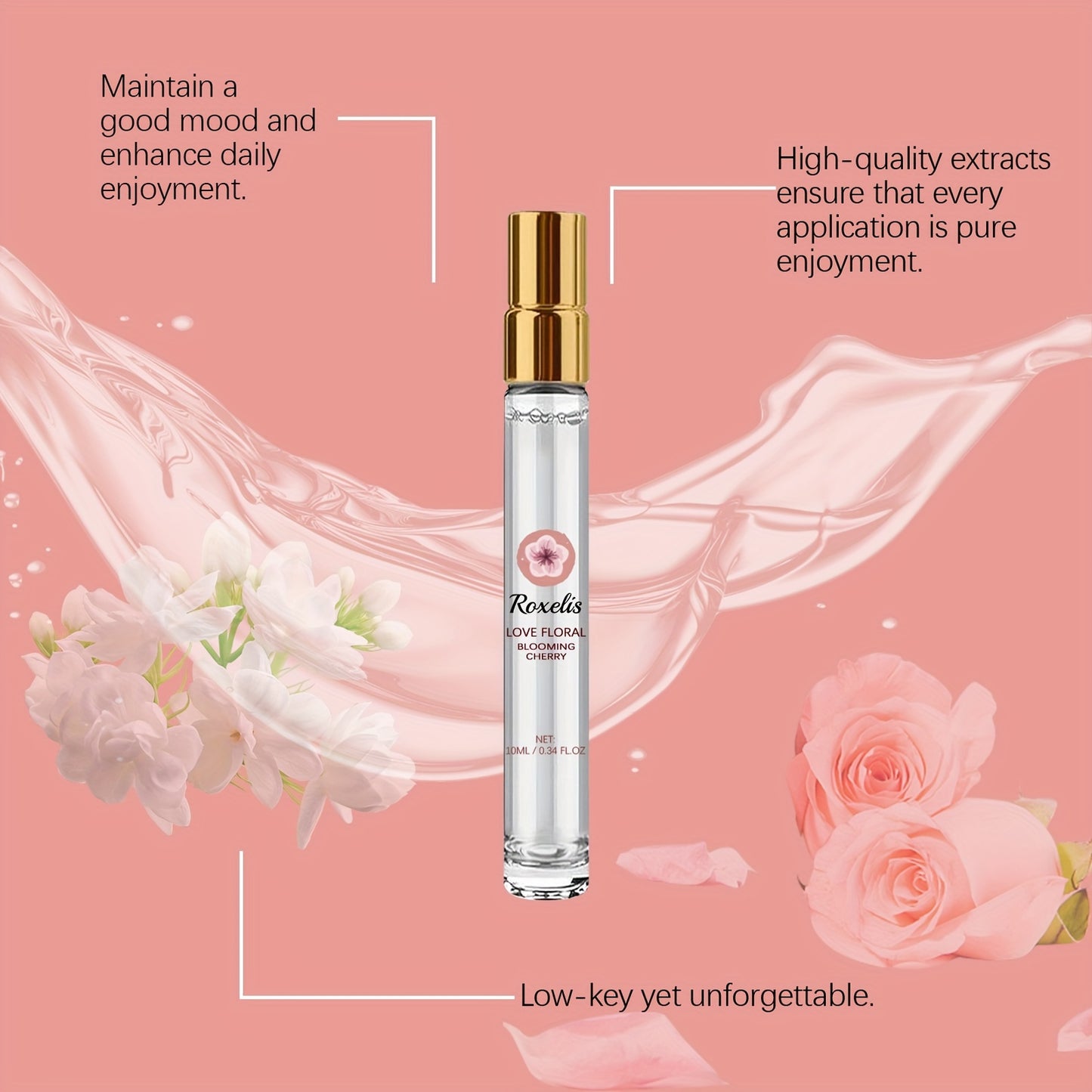 Roxelis Love Floral Cherry Eau de Parfum for Women - Long-Lasting, Fresh Scent with Floral Notes of Jasmine & Rose, Alcohol-Free, Light & Non-Greasy - 10ml/0.34FL.OZ