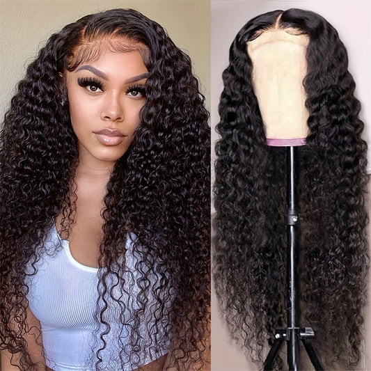 [HD Transparent] Brazilian Deep Wave Lace Front Wig | 4x4 Closure | 100% Human Hair | Pre Plucked | Natural Black Color | 180% Deep Curly