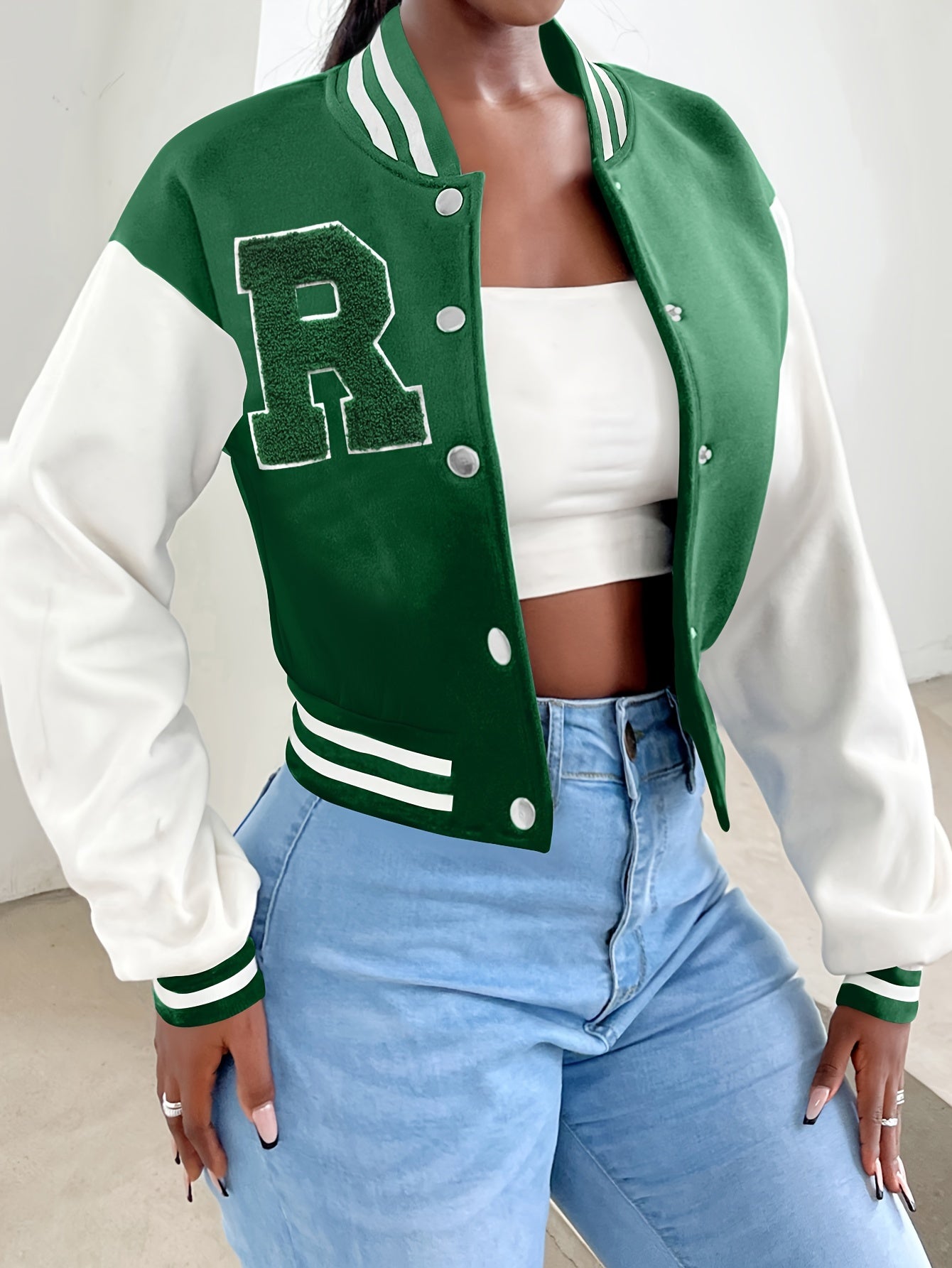 R Pattern Button Up Crop Bomber Jacket, Preppy Long Sleeve Jacket For Fall & Winter, Women's Clothing