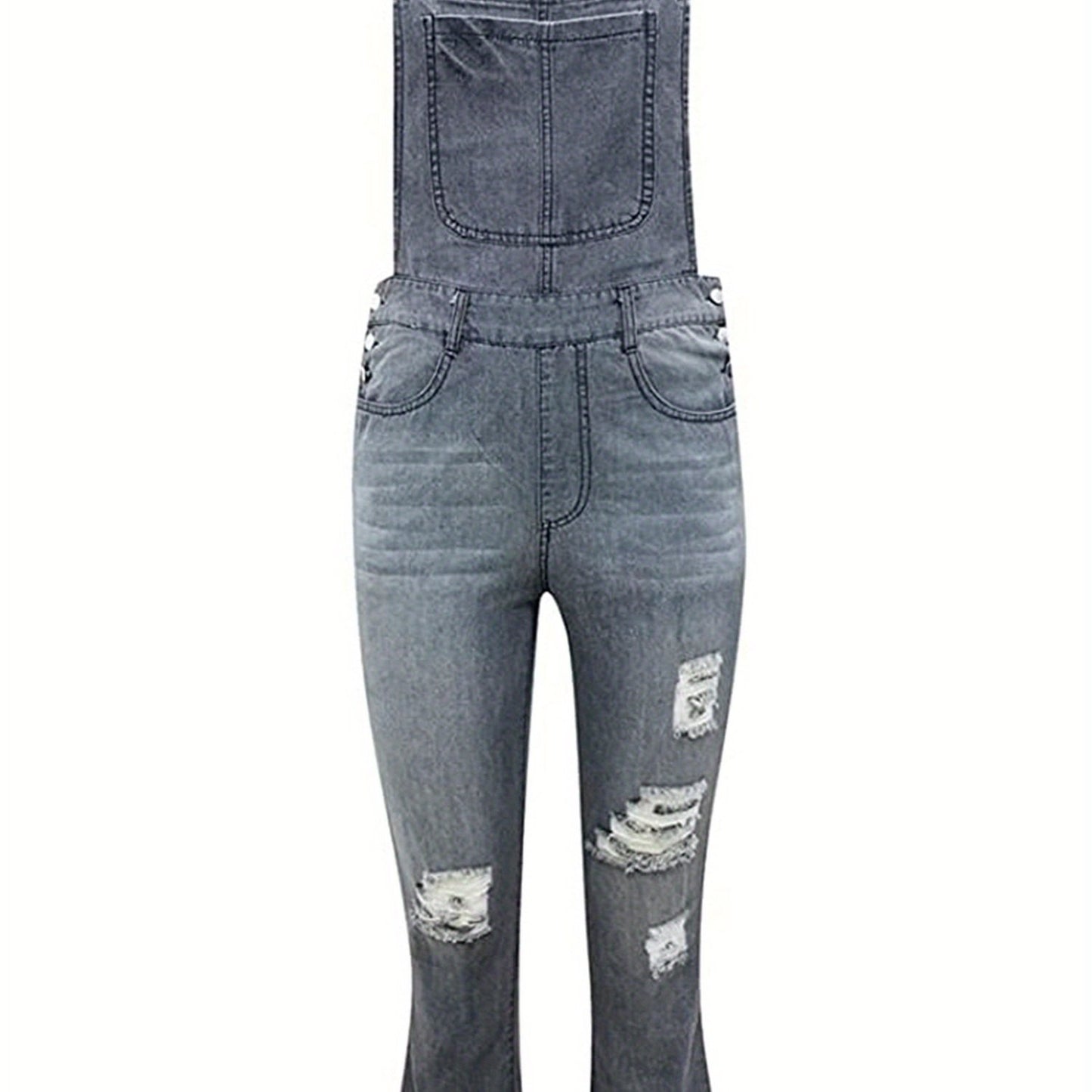 Women Denim Suspender Pants, Plain Buttons Shoulder Straps Ripped Overall Jeans, Ladies Backless Pencil Long Pants Jumpsuit