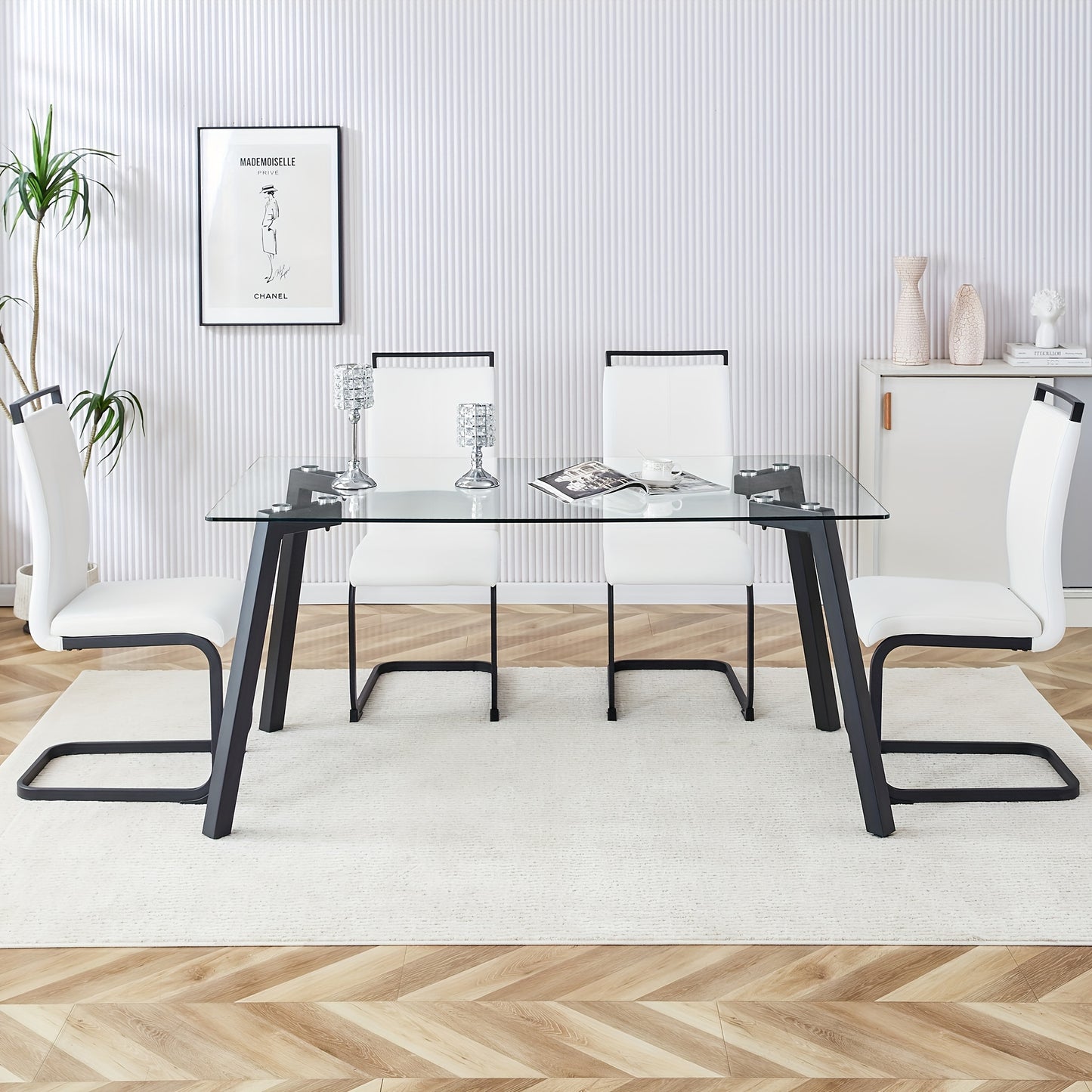 Table And Chair Set, 1 Table And 4 Chairs. Rectangular Glass Dining Table, 0.31 "tempered Glass Tabletop And Black Coated Metal Legs. Paired With White PU Black Leg Chairs. 1123 1162