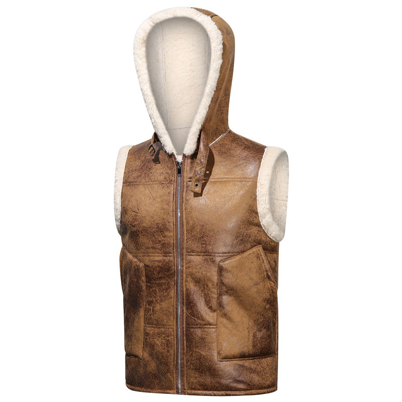 [Warm Hooded Vest] Warm & Windproof Men's Fleece-Lined Hooded Vest - Stylish Sleeveless Jacket with Zipper Pockets, Olive Green, Daily Comfort Vest | Hooded Jacket | Functional Pockets