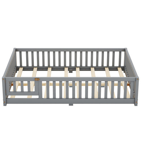 Full Size Bed Floor Bed With Safety Guardrails And Door For Kids, Gray