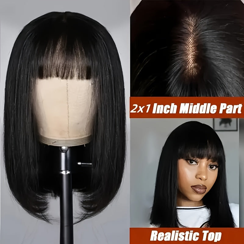 Women's Glueless Bob Wig with Bangs - Natural Black Human Hair, 150% Density (2x1 Ratio), Brazilian Hair, No Glue Needed, Adjustable Bangs & Pre-Plucked Front with Baby Hair, Everyday & Special Occasion Hairstyle - Suitable f