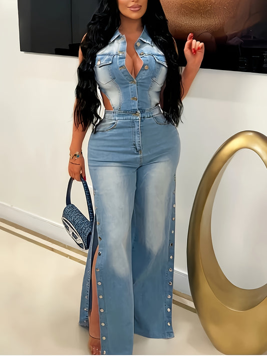 Women'S Spring And Summer Fashion Stand-up Collar Sleeveless Bare Waist Denim Jumpsuit, Women'S Straight Jeans Ladies Tight Overalls