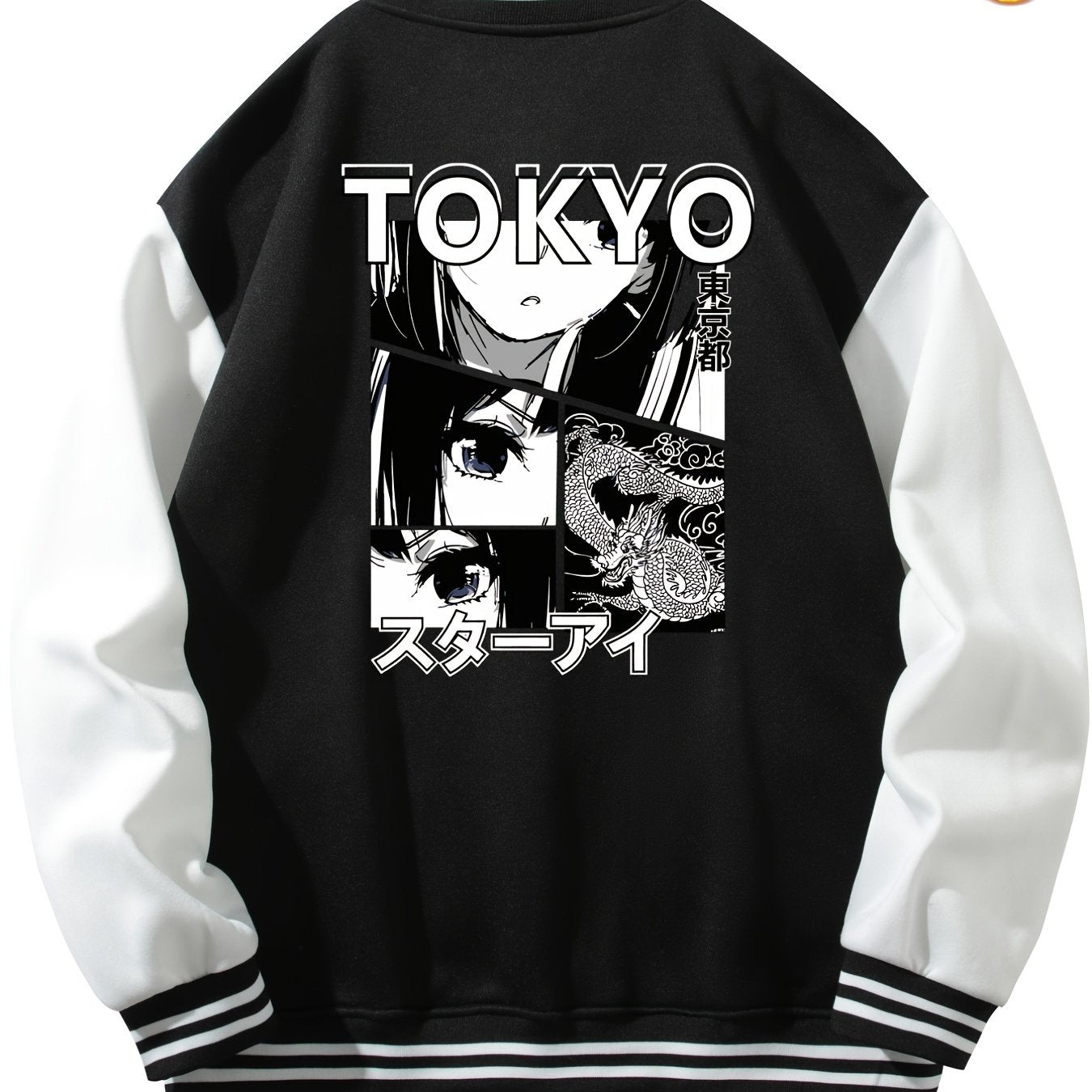 Men's Anime Portrait Embroidered Varsity Jacket - Casual Color Block Button Up for Spring and Fall Baseball and School