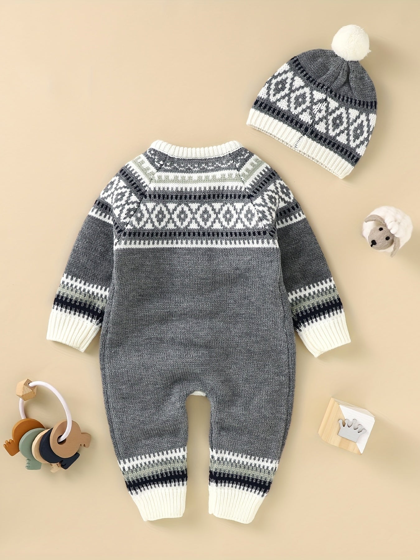 Newborn Infant Geometric Pattern Sweater Romper Long Sleeve Button Jumpsuit & Hat For Toddler Baby Boys And Girls, Suitable For Indoor And Outdoor Wear