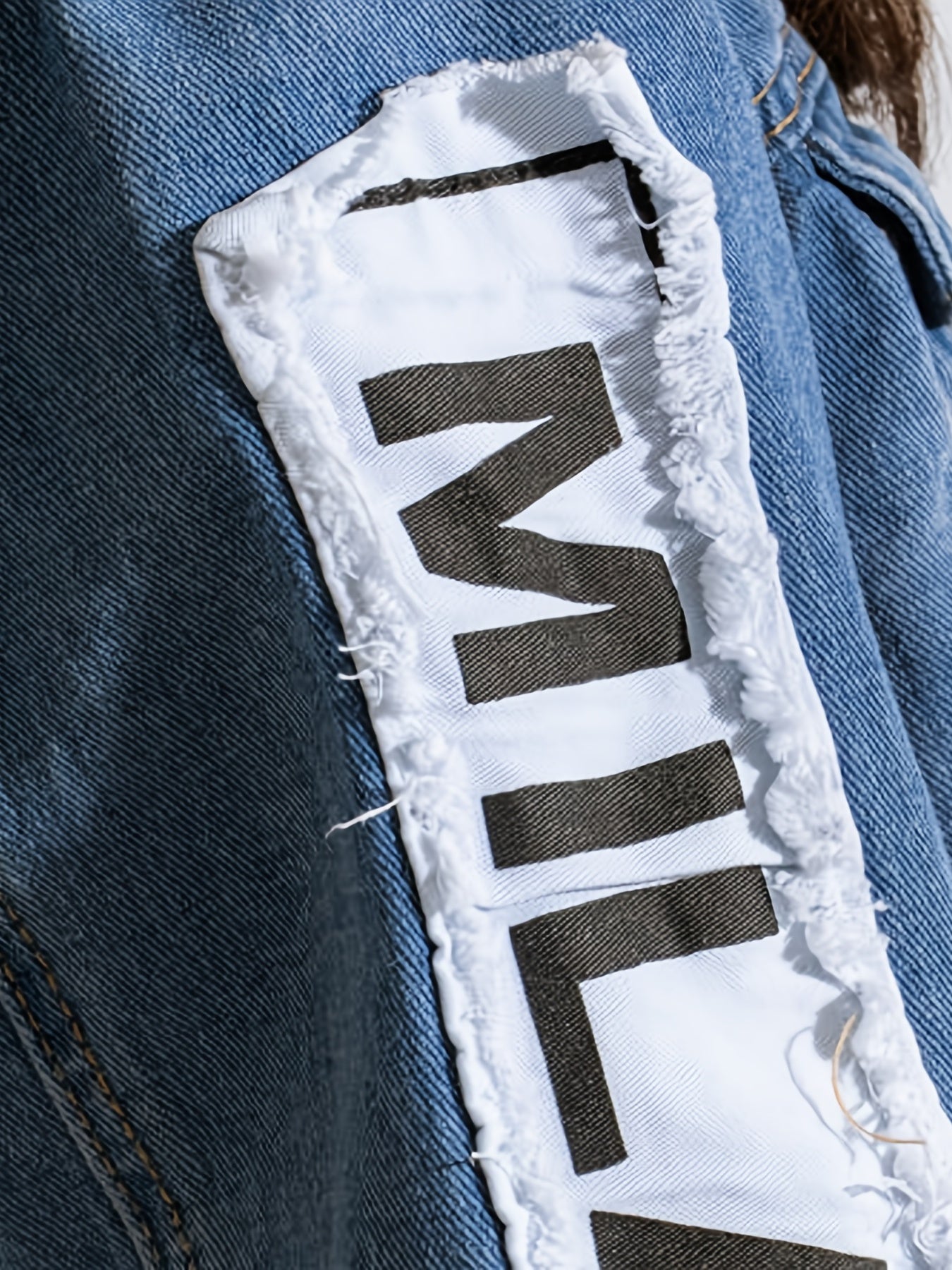 Vibrant Blue Alphabet Print Cropped Denim Jacket - Long Sleeves, Raw Hem, Lapel Collar, Non-Stretch, Woven, Casual Coat for Spring/Summer - Womens Personality Denim Clothing