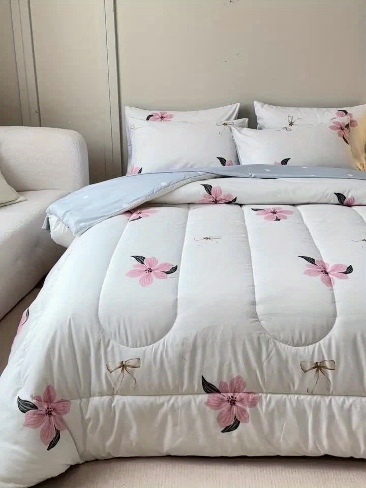 7pcs Fashion Freshness Nature Rural Flowers Quilt Set (1 Quilt +1 Bed Cap +1 Bed Sheet +4 Pillowcase Without Pillow Core), Contains Padding 180gsm Quilting Soft Ventilate Bedroom Dormitory