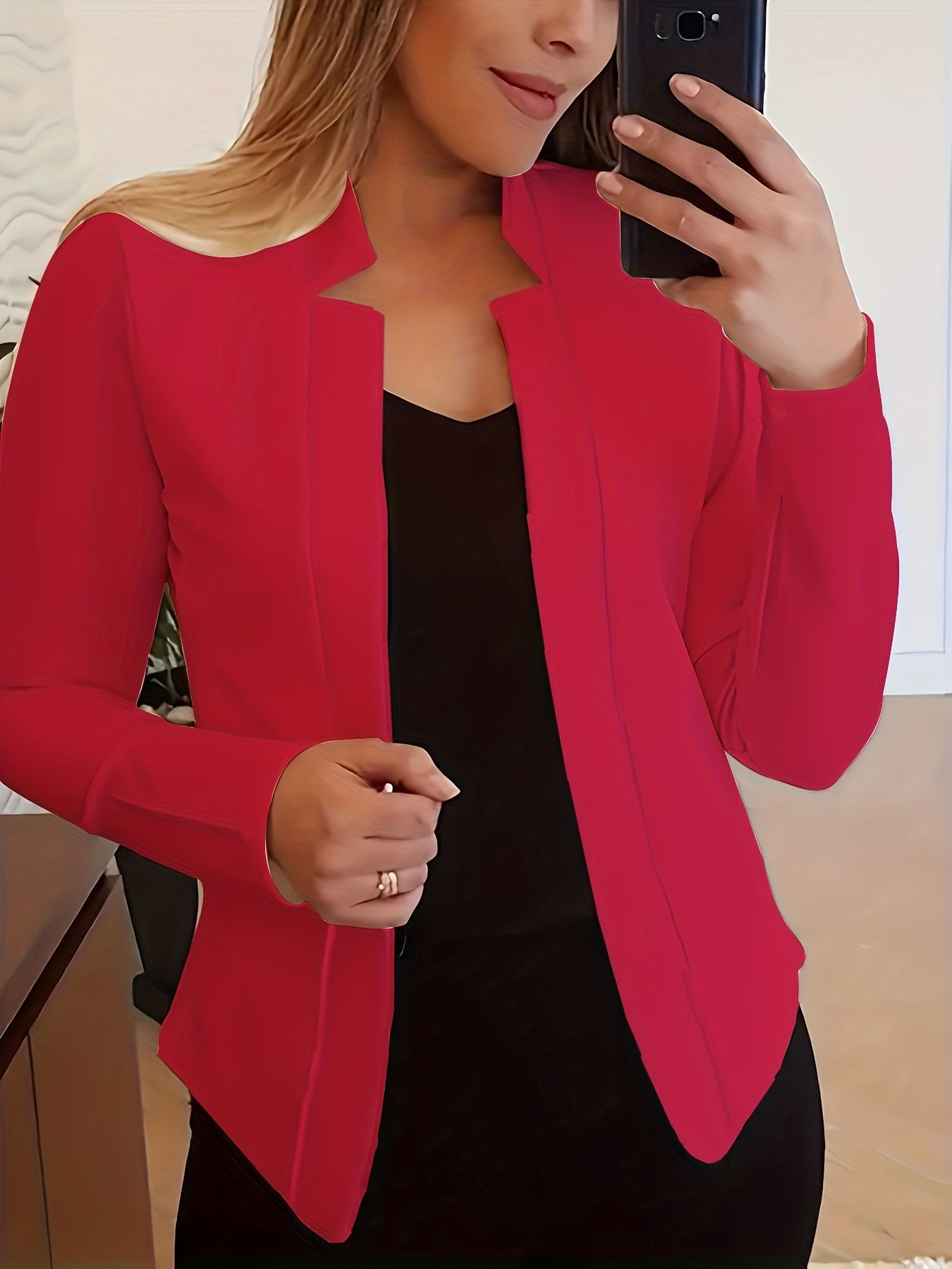 [Everyday Comfort] Women's Elegant Solid Color Polyester Blazer - 95% Polyester, 5% Spandex Knit Fabric, All-Season Stand Collar Jacket for Adults