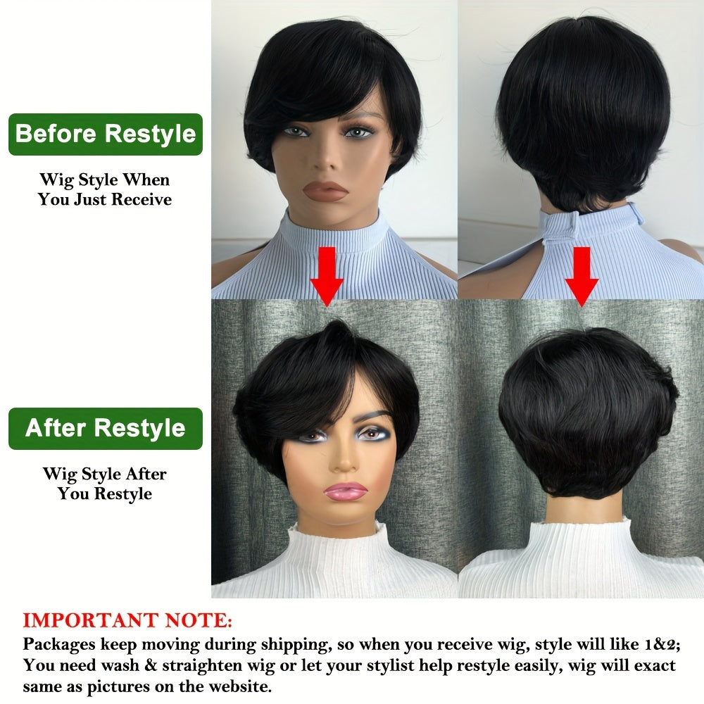 Elegant Natural Black Straight Bob Wig with Side Bangs for Women - 150% Density, Glueless Human Hair, Machine Made, Brazilian Virgin Hair
