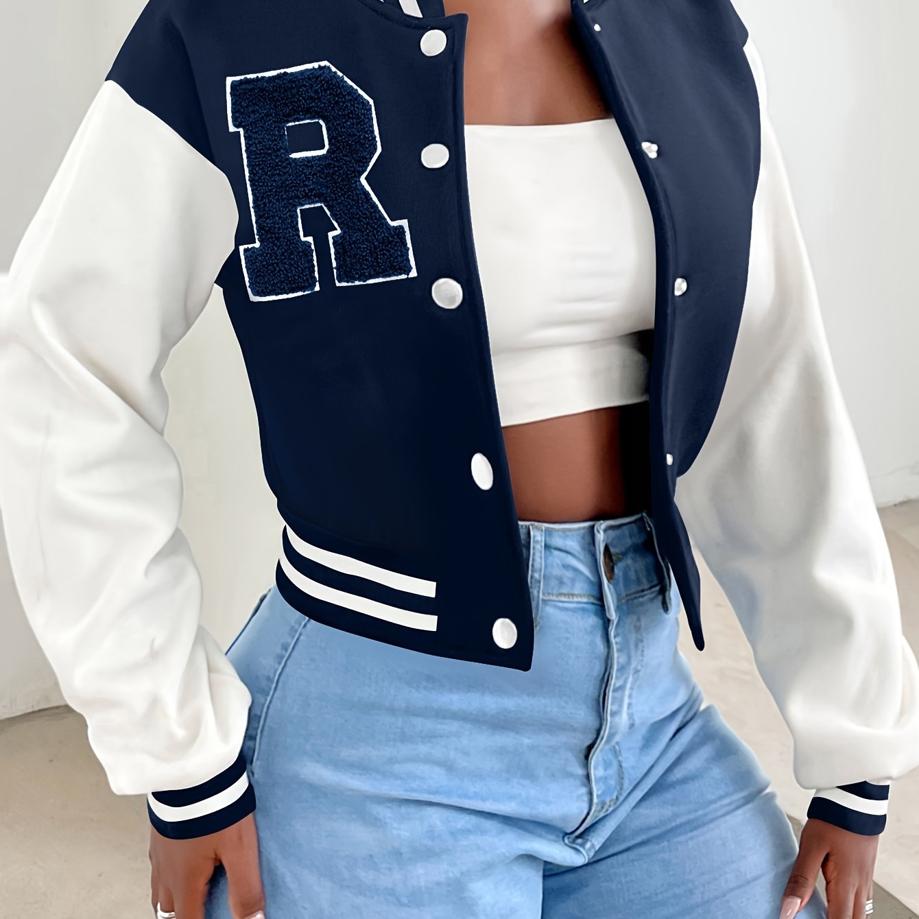 R Pattern Button Up Crop Bomber Jacket, Preppy Long Sleeve Jacket For Fall & Winter, Women's Clothing