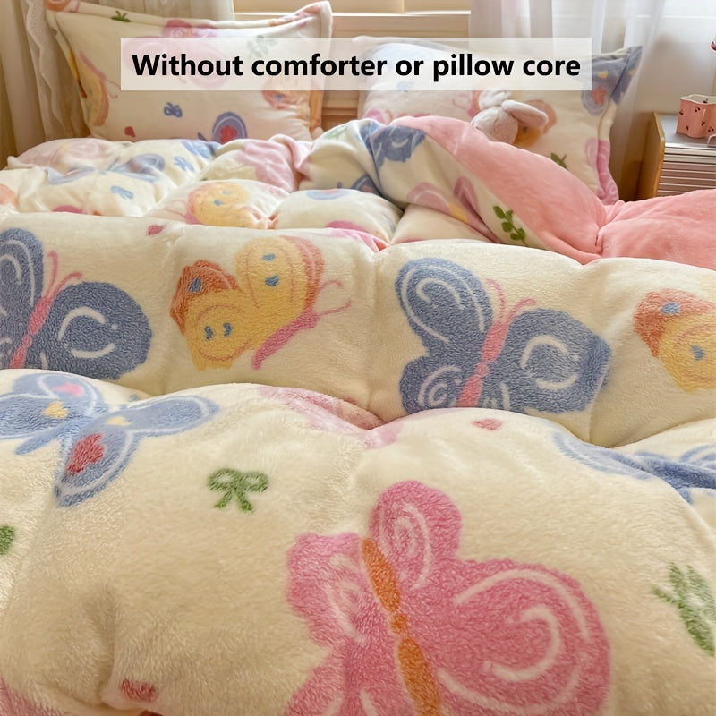 3pcs autumn and winter thickened double-sided warm velvet love, butterfly, bow, gravure pattern snowflake velvet kit, (1 quilt cover, 2 pillowcases, no bed sheet, quilt and pillow), bedding, very suitable for bedroom and dorm