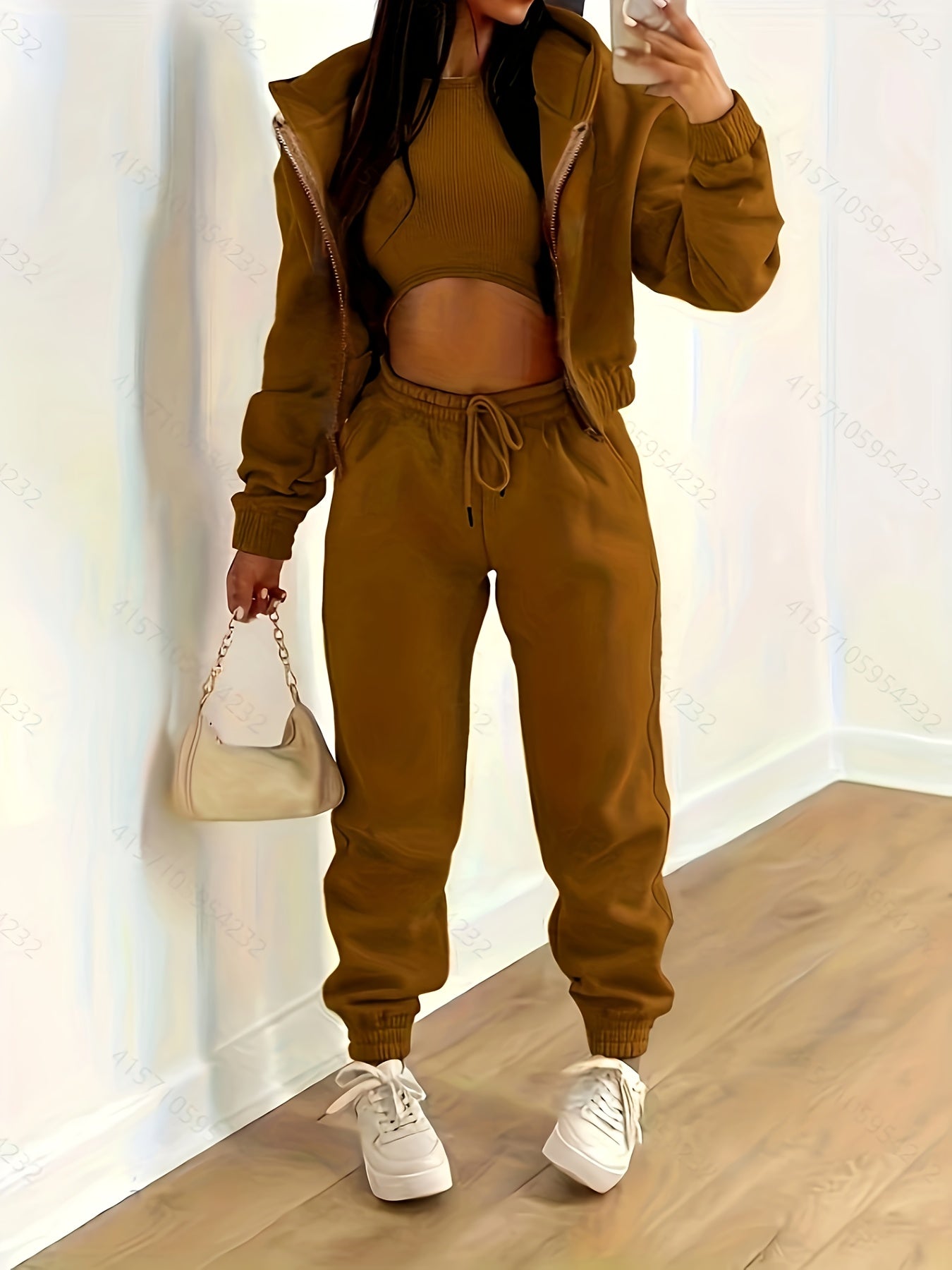 Three-Piece Casual Outfit Set - Zip-Up Hooded Jacket, Sleeveless Crew Neck Tank Top, and Drawstring Elastic Waist Jogger Pants - Comfortable, Versatile, and Stylish Women's Clothing for Everyday Wear