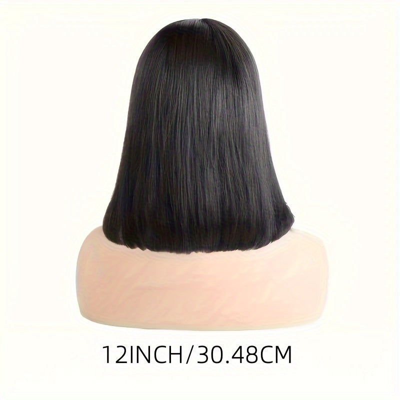 Women's Glueless Bob Wig with Bangs - Natural Black Human Hair, 150% Density (2x1 Ratio), Brazilian Hair, No Glue Needed, Adjustable Bangs & Pre-Plucked Front with Baby Hair, Everyday & Special Occasion Hairstyle - Suitable f