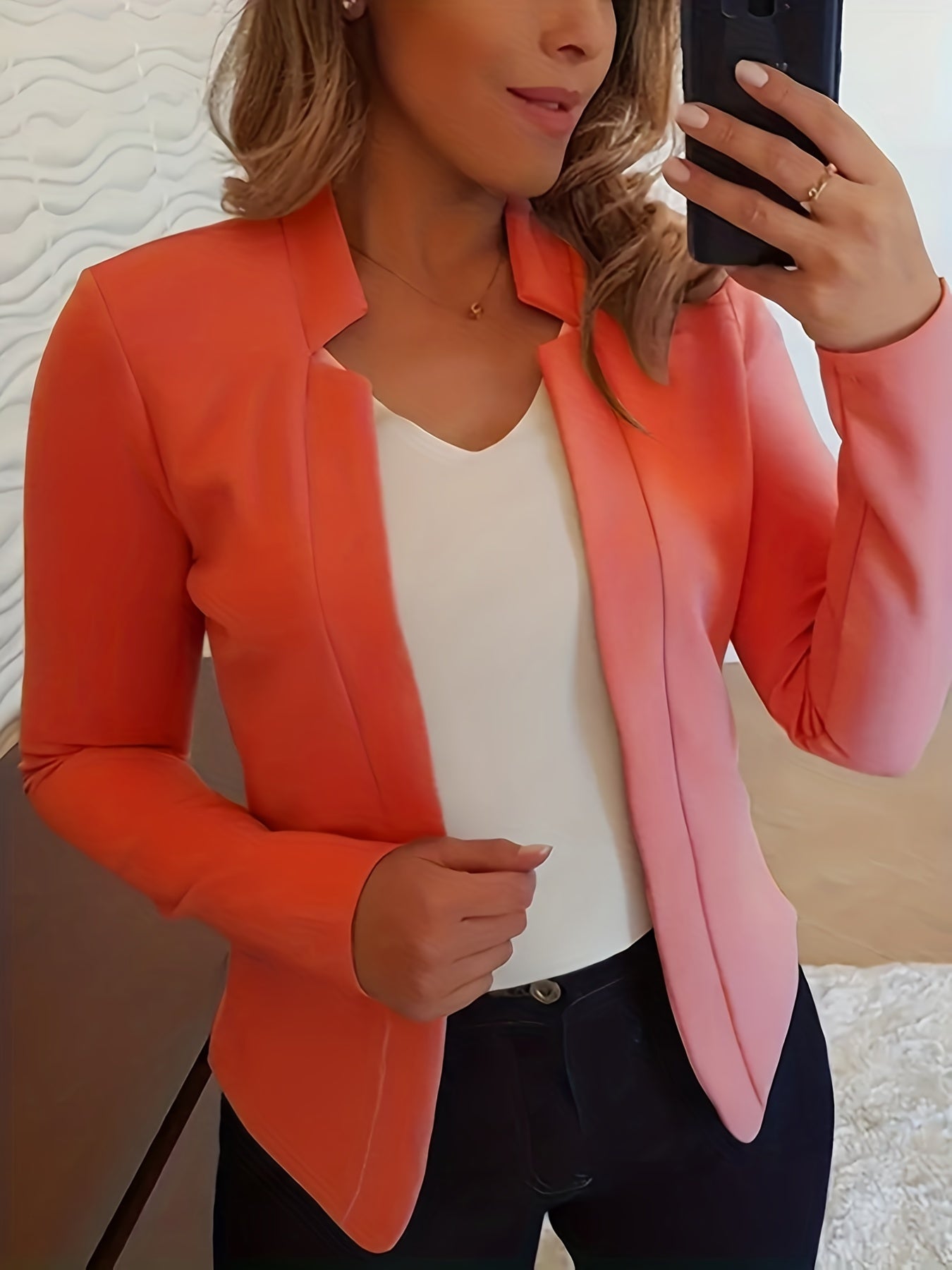 [Everyday Comfort] Women's Elegant Solid Color Polyester Blazer - 95% Polyester, 5% Spandex Knit Fabric, All-Season Stand Collar Jacket for Adults
