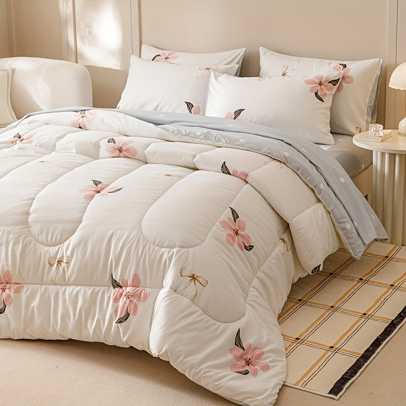 7pcs Fashion Freshness Nature Rural Flowers Quilt Set (1 Quilt +1 Bed Cap +1 Bed Sheet +4 Pillowcase Without Pillow Core), Contains Padding 180gsm Quilting Soft Ventilate Bedroom Dormitory