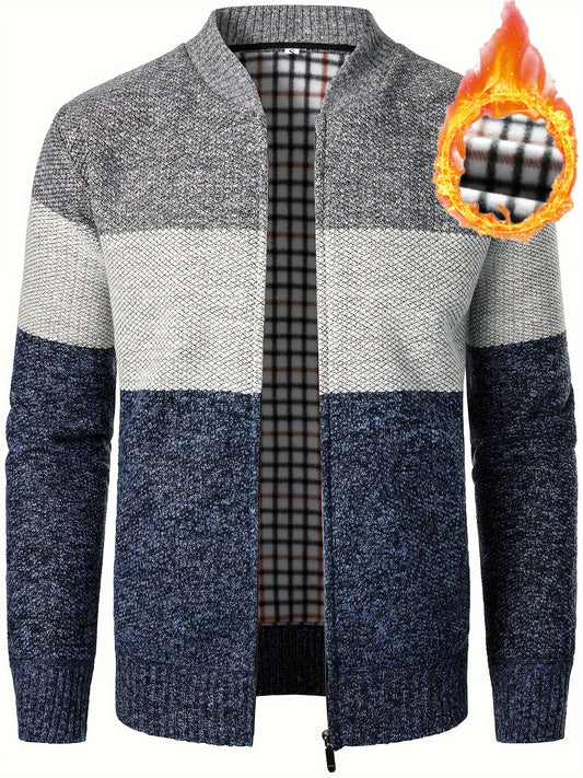 Men'S Casual High Neck Fleece Jacket, Color Block Knit Polyester Cardigan, Mid Stretch Zip-Up Fall/Winter Outerwear, Regular Fit with Placket Closure, Thick