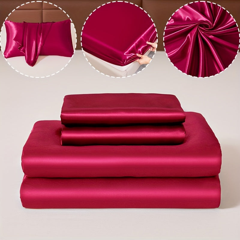 3pcs 100% Polyester Satin Bed Sheet Three-Piece Set [1 Sheet 2 Pillowcase (Coreless)] Skin-friendly Soft And Silky Fabric Student Dormitory Daily Home Bedding Mattress Protector All Year Round Machine Washable No Shrinkage No