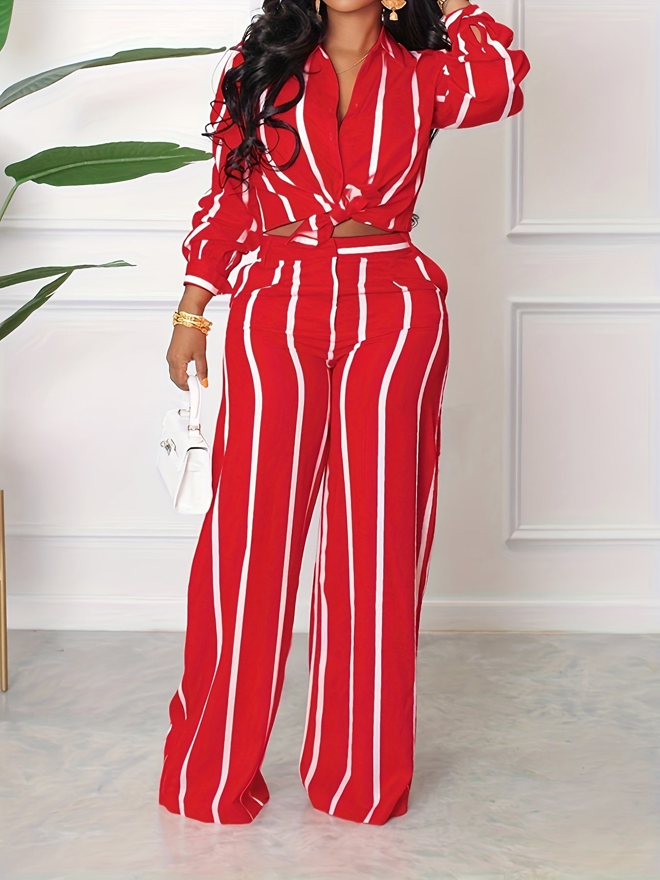 [Two-piece Set Long Sleeve Shirt] Striped Print Two-piece Set, Button Front Collar Long Sleeve Shirt & High Waist Wide Leg Loose Pants Set, Women's Clothing
