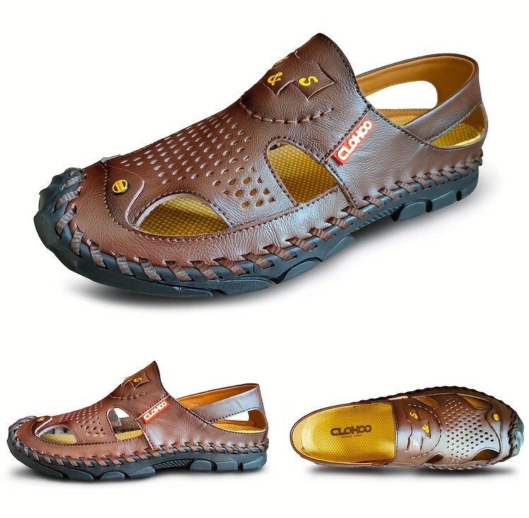 CLOHOO Mens Round Toe Sandals - Durable Handmade Stitching, Non-Slip Rubber Sole, Comfortable PU Insole, Breathable Fabric Lining, Second Layer Cowhide Upper, Slip-On Closure, Perfect for Indoor, Outdoor, Beach, Vacation, Spr
