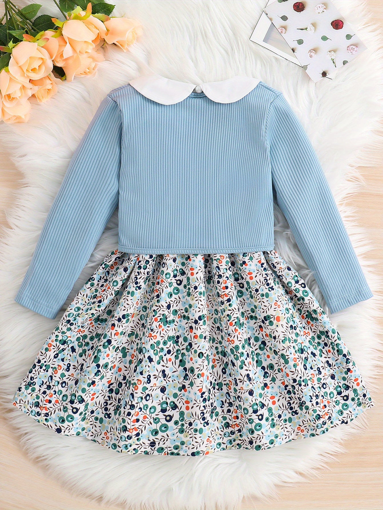 Girls 2pcs Long Sleeve Dress & Ribbed Cardigan Coat Set Floral Print Elegant Jacket Top Casual Kids Clothes Spring Fall