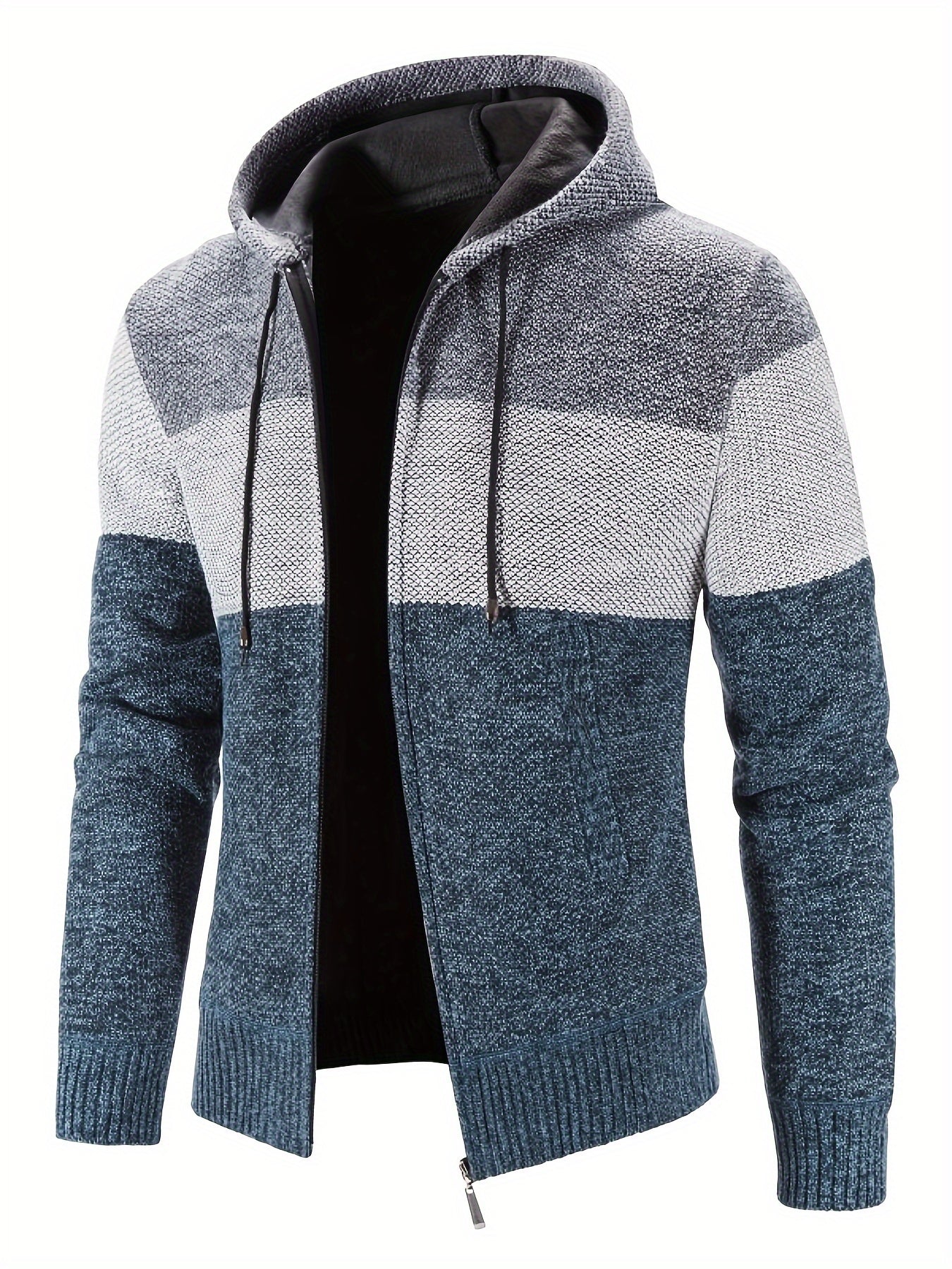 Warm Zip Up Hooded Fleece Jacket Sweater, Men's Casual Slightly Stretch Color Block Cardigan For Fall Winter