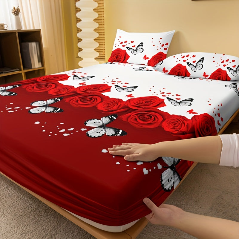 1pc Brushed Fitted Sheet (Without Pillowcase), Soft Comfortable Butterfly Red Rose Print Bedding Mattress Protector, For Bedroom, Guest Room, With Deep Pocket, Fitted Bed Sheet Only