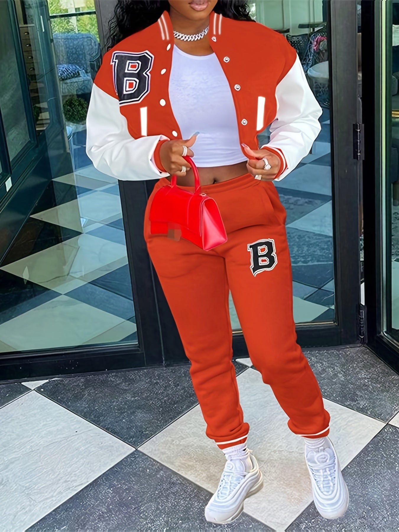 Sporty Chic, Women's Casual Letter Print Baseball Jacket and Pants Set - Red and White, Polyester Blend, Machine Washable, Fall/Winter Fashion Ensemble