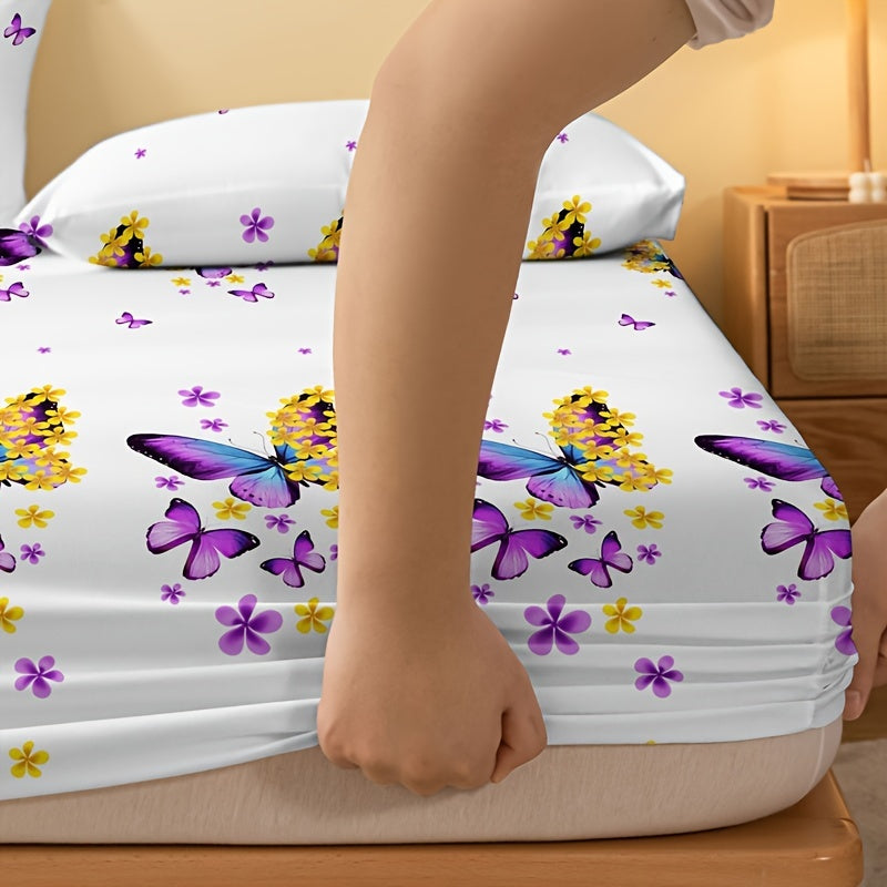 1pc Brushed Fitted Sheet, Soft Comfortable Butterfly Floral Print Bedding Fitted Sheet, For Bedroom, Guest Room, With Deep Pocket, Fitted Bed Sheet Only, Without Pillowcase
